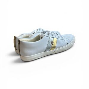 Ralph Lauren Janson II White Leather Sneakers Gold Silver Stripe  9.5 Casual